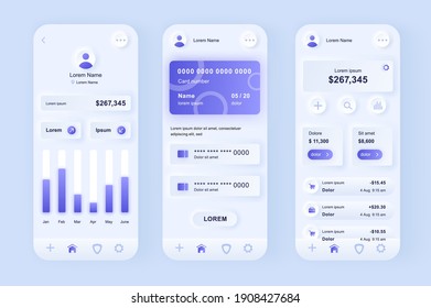 Online banking unique neomorphic design kit. Mobile wallet screens with financial analytics and balance. Financial management UI UX templates set. Vector illustration of GUI for responsive mobile app.