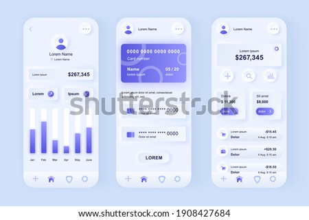 Online banking unique neomorphic design kit. Mobile wallet screens with financial analytics and balance. Financial management UI UX templates set. Vector illustration of GUI for responsive mobile app.