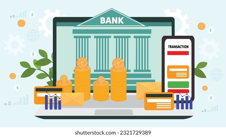 Online Banking Using Bank Cards on Mobile and Laptop with Heaps of Indian Currency Illustration