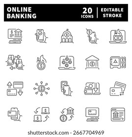 Ícones vetoriais de banco online em estilo de linha. Ícones relacionados a serviços bancários online. Conjunto de ícones bancários