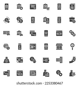 Online banking vector icons set, modern solid symbol collection, filled style pictogram pack. Signs, logo illustration. Set includes icons as online bank, e-commerce, money transfer, investment 