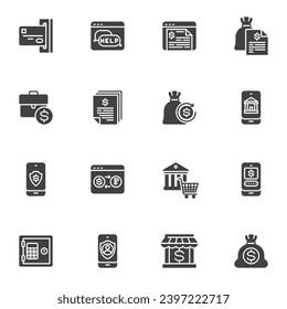Juego de iconos vectoriales de banca en línea, colección moderna de símbolos sólidos, paquete de pictogramas estilo relleno. Señales, ilustración del logotipo. Set incluye iconos como banca móvil, transacciones financieras en línea, dinero en efectivo