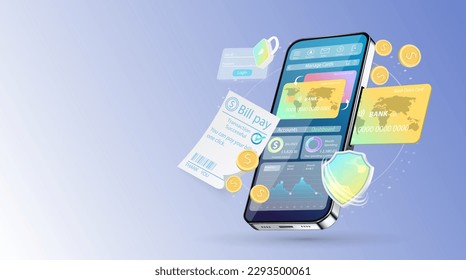 Online banking vector illustration. Bank payment via smartphone. Mobile template for bank app.