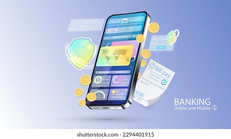 Online banking vector illustration. Bank payment via smartphone. Mobile template for bank app.