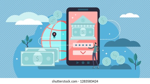 Online banking vector illustration. Flat tiny money transfer persons concept. Mobile finance payment using electronic technology. Global and secure salary income account method for digital transaction