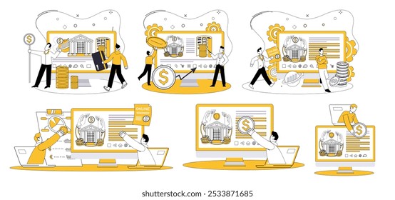 Ilustração vetorial de banco on-line. Navegar digital currents finanças com facilidade através de canais on-line banca é heartbeat transações financeiras no vasto reino ciberespaço