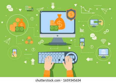 Online banking vector illustration with payment transaction in internet concept. Digital business technology in finance web service. Mobile bank infographic. Money, card and computer flat icon.
