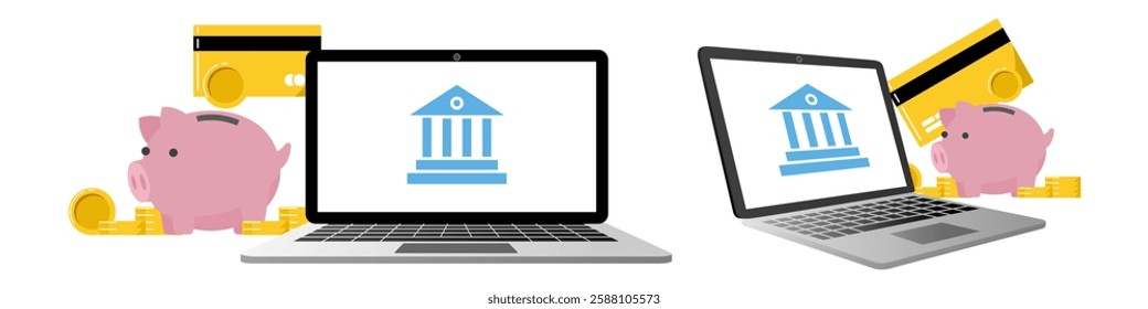 Online banking vector with a laptop, piggy bank, credit card, and coins. Perfect for financial technology, digital transactions, savings, and e-commerce concepts. Ideal for fintech and economy themes.