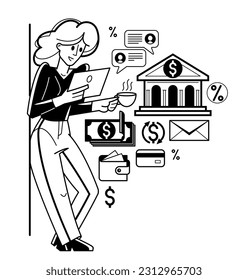 Ilustración de esquema de vector de banca en línea, mujer gerente que trabaja con finanzas o cliente administra su cuenta con depósito o crédito, e-banking.