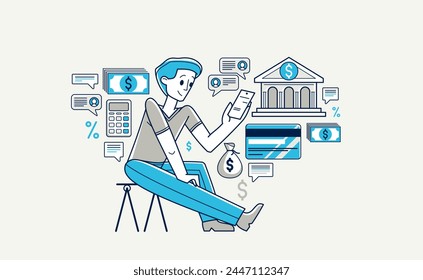 Online banking vector outline illustration, manager working with finances or customer manages his account with deposit or credit, e-banking.