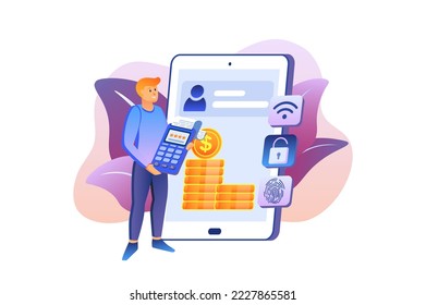 Online banking violet gradient concept with people scene in the flat cartoon style. Man pays for all goods and services through online banking. Vector illustration.