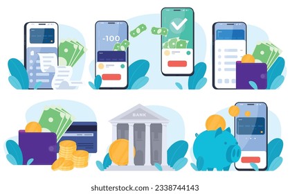 Banca en línea. Almacenamiento virtual y transferencias de fondos en todo el mundo. Aplicaciones para administrar tu dinero. Ilustración del vector