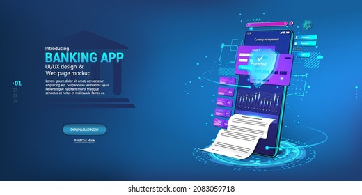 Online banking and wallet app with e-payment, documentation and receipts on smartphone App. Smart wallet with credit and debit banking cart. Futuristic smartphone with E-payment screen. Vector banner