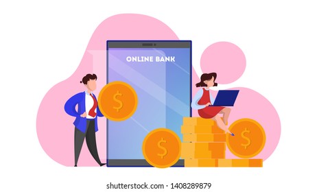 Online banking web banner concept. Making financial operations such as payment and investment using digital device. Money transaction online. Isolated vector illustration in cartoon style