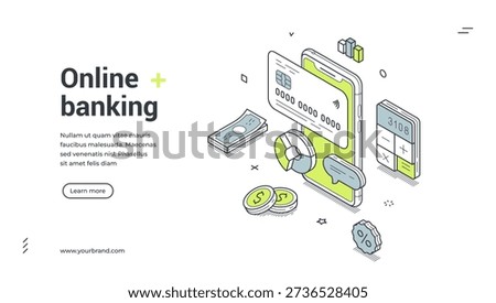 Online banking web banner. Isometric template for a landing page on mobile finance. Vector illustration with a smartphone and credit card for digital payment and fintech concepts
