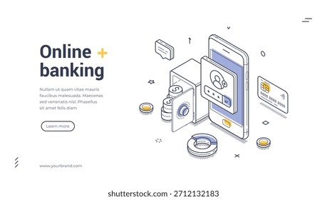 Online banking web banner template. Isometric vector illustration for secure mobile payments and finance management. Modern design with smartphone, safe, credit card for landing page or app