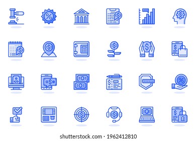 Online banking web flat line icon. Bundle outline pictogram of online paying, loan, investment, transaction, money transfer, savings concept. Vector illustration of icons pack for website design