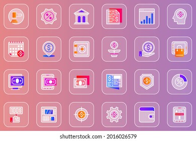 Online banking web glassmorphic icons set. Pack outline pictograms of auction, financial statistics, savings protection, investment, money exchange, accounting and other. Vector line glass symbols