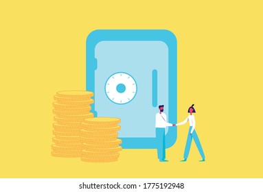 Online banking web money site technology workers office deposit safe service credit vector illustration concept. 