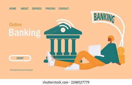 Online banking web page design. A hypertrophied man with long legs uses the internet to pay for services. Using a laptop to communicate with the bank.