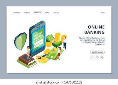 Online banking web page. Isometric security concept. Vector smartphone, tiny people and money. Mobile payment app landing page. Illustration smartphone payment, mobile digital finance banking