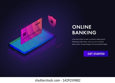 Online banking web site template, payment with mobile phone, isometric smartphone and credit bank card icon, money transfer concept for landing page, presentation, banner