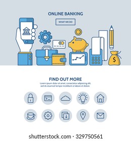 Online banking website hero image concept. One page website design with flat thin line icons.