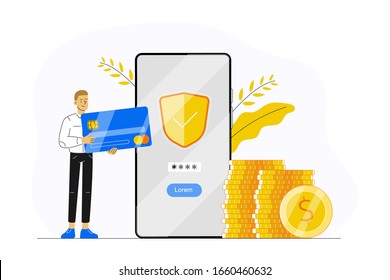 Online banking.  Young man holding his credit card and making payment with smartphone app. Concept of secure mobile payment, internet banking, accounting, transaction, donation. Vector illustration.