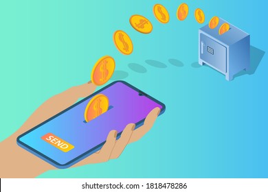Online banking.A person is engaged in banking operations using an application on a smartphone.The concept of modern technologies in the banking sector.Isometric vector illustration.