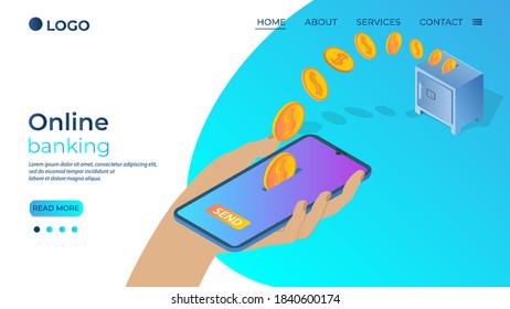 Online banking.A person is engaged in banking operations using an application on a smartphone.The concept of modern technologies in the banking sector..The template of the landing page.