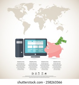 Online banking-make money-piggy bank and desktop with world map background. All elements are in separate layers.Can be used for any project.