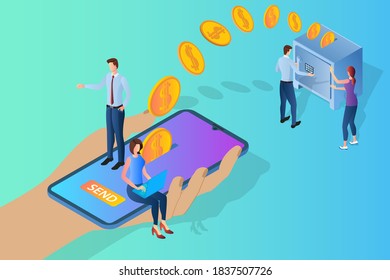 Online banking.People are engaged in banking operations using an app on their smartphone.The concept of modern technologies in the banking sector.Isometric vector illustration.