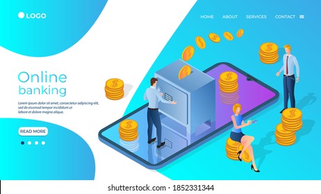 Online banking.People on the background of a smartphone are engaged in money transfers and banking operations.The concept of applying modern technologies in financial activities. vector illustration