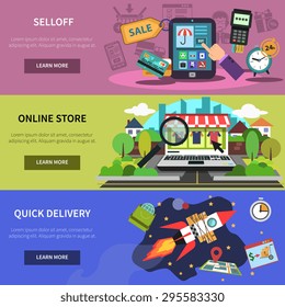 Online banner horizontal set with store quick delivery elements isolated vector illustration