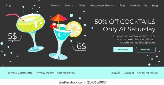 Online bar or restaurant menu cart with assortment of drinks and beverages. 50 percent off on cocktails only at saturday. Website page, internet site, landing page template. Vector in flat style