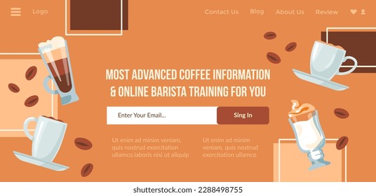 Online barista training and most advanced coffee information. Enter email and get daily letters with tips and recommendations. Website page, internet landing site template. Vector in flat style