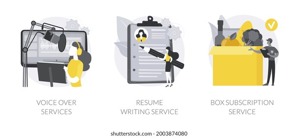 Online based jobs abstract concept vector illustration set. Voice over services, resume writing, box subscription, audio and video production, CV online, box delivery startup abstract metaphor.