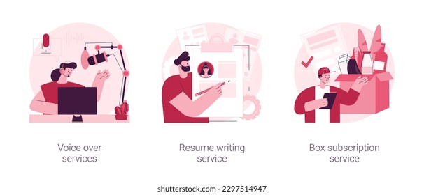 Online based jobs abstract concept vector illustration set. Voice over services, resume writing, box subscription, audio and video production, CV online, box delivery startup abstract metaphor.