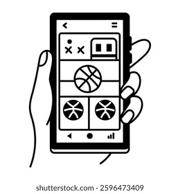 Online basketball streaming on mobile app, doodle illustration

