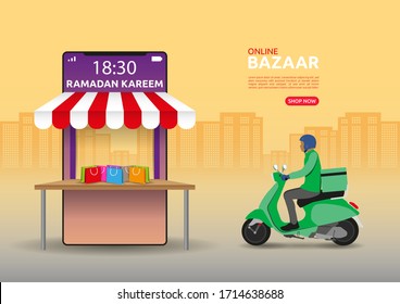 Concepto de Bazar en línea para Ramadán o mes de ayuno. Vector de un jinete de comida recogiendo el pedido para entregar al cliente con fondo de ciudad puesta al sol.