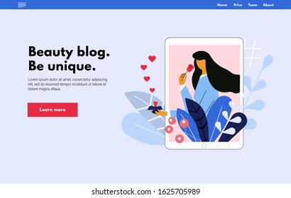 Online beauty blog concept web page. Bloggers service for followers. Young girl in the tablet surrounded by plants. Influencer concept. Flat vector illustration