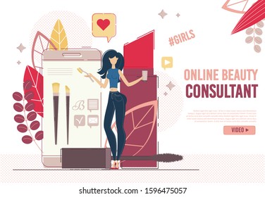 Online Beauty Consultant in Social Media Networks. Young Fashion Woman Blogger with New Cosmetics Products and Accessories. Instablog Production Services. Trend Makeup Tutorial. Landing Page Design