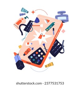 Online beauty store, market concept. Digital marketplace of decorative and care cosmetics, internet shopping. Smartphone levitate, cream, lipstick flying. Flat isolated vector illustration on white