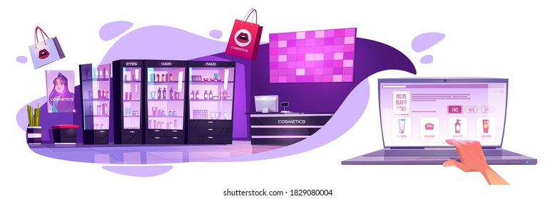 Online beauty stores banner. Concept of ecommerce, mobile shopping in Internet. Vector cartoon illustration of cosmetic salon interior and online shop on laptop screen