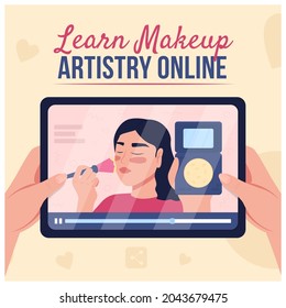 Online beauty tutorial social media post mockup. Learn makeup artistry online phrase. Web banner design template. Booster, content layout with inscription. Poster, print ads and flat illustration
