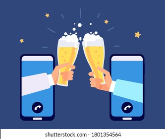 Online beer party. Internet friendship, friends drinking by smartphone. Phone party, e-bar Oktoberfest distance festival vector illustration