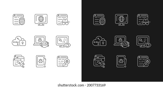 Online behavior monitoring linear icons set for dark and light mode. Digital footprints. Cyberspace. Customizable thin line symbols. Isolated vector outline illustrations. Editable stroke