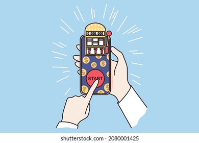 Online betting and gambling concept. Human hands holding smartphone with bets and start button on screen over blue background vector illustration 