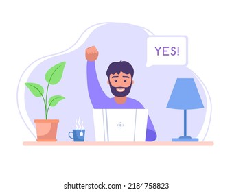 Online betting. Man won the bet. Male charachter with laptop. Vector illustration