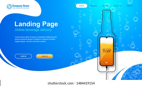 Online beverage delivery website page. The smartphone is charging. The wire forms the silhouette of a beer bottle. Vector eps10.